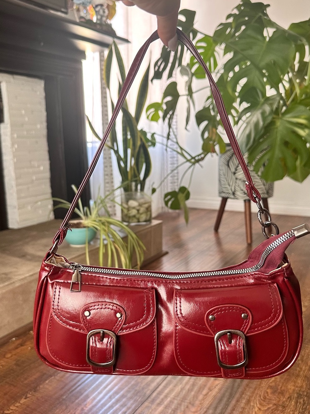 Princess Polly Red Patent Shoulder Bag with Buckle Pockets
